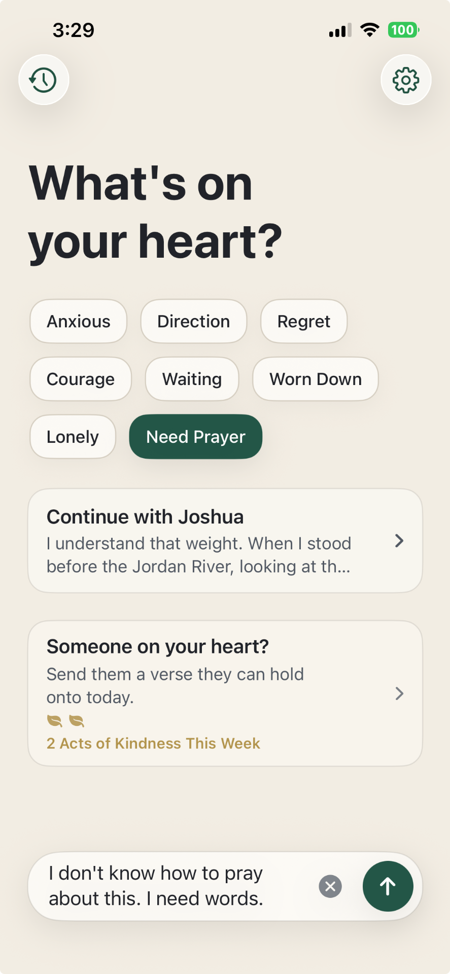 Selecting 'Need Prayer' on Holy Chat home screen