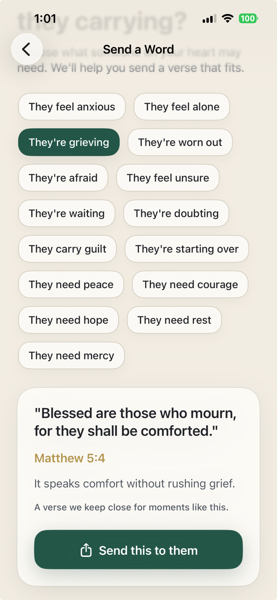 Send a Word screen with friend's situation chips and a verse from Matthew 5:4